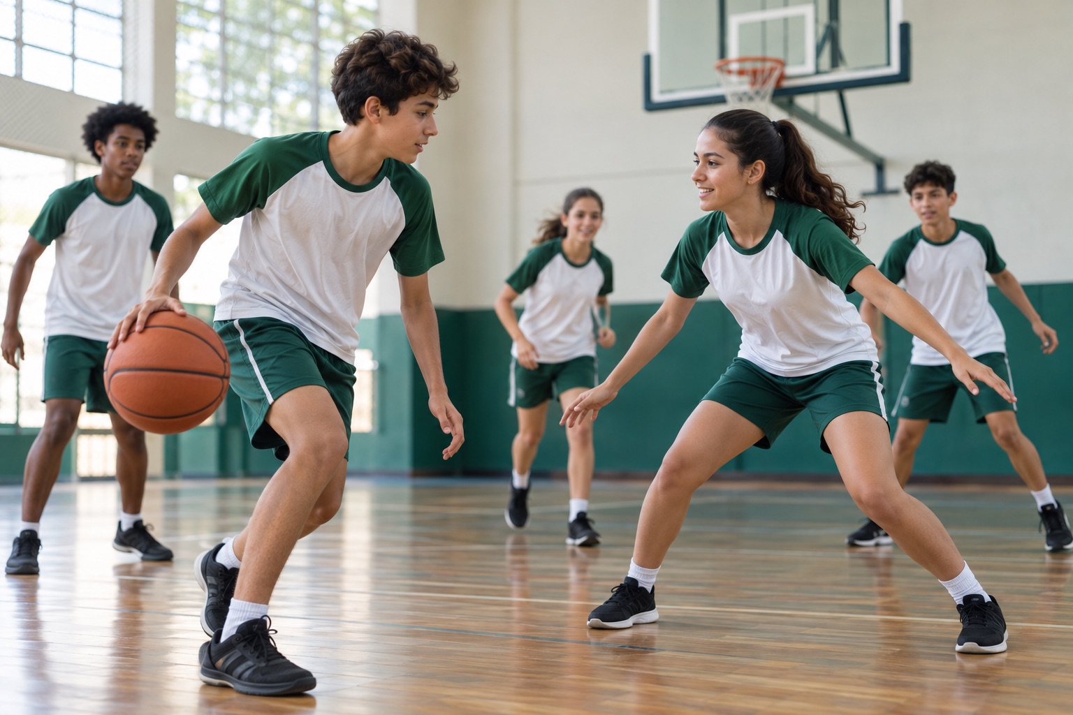 Alunos durante uma prática de basquete