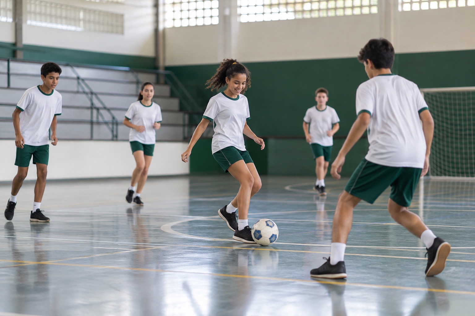 Alunos durante uma prática de futsal